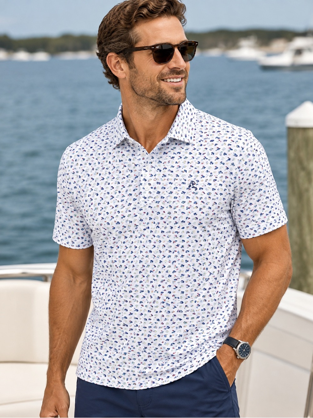 Rhoback Polo Shirt XLarge Fly Fishing Lures Short Sleeve Golf Navy/White
